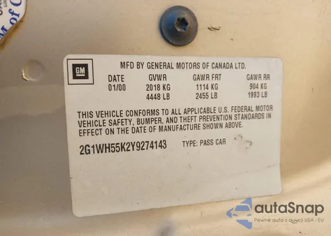 2000 Chevrolet Impala Ls z USA, uszkodzony, nr VIN 2G1WH55K2Y9274143